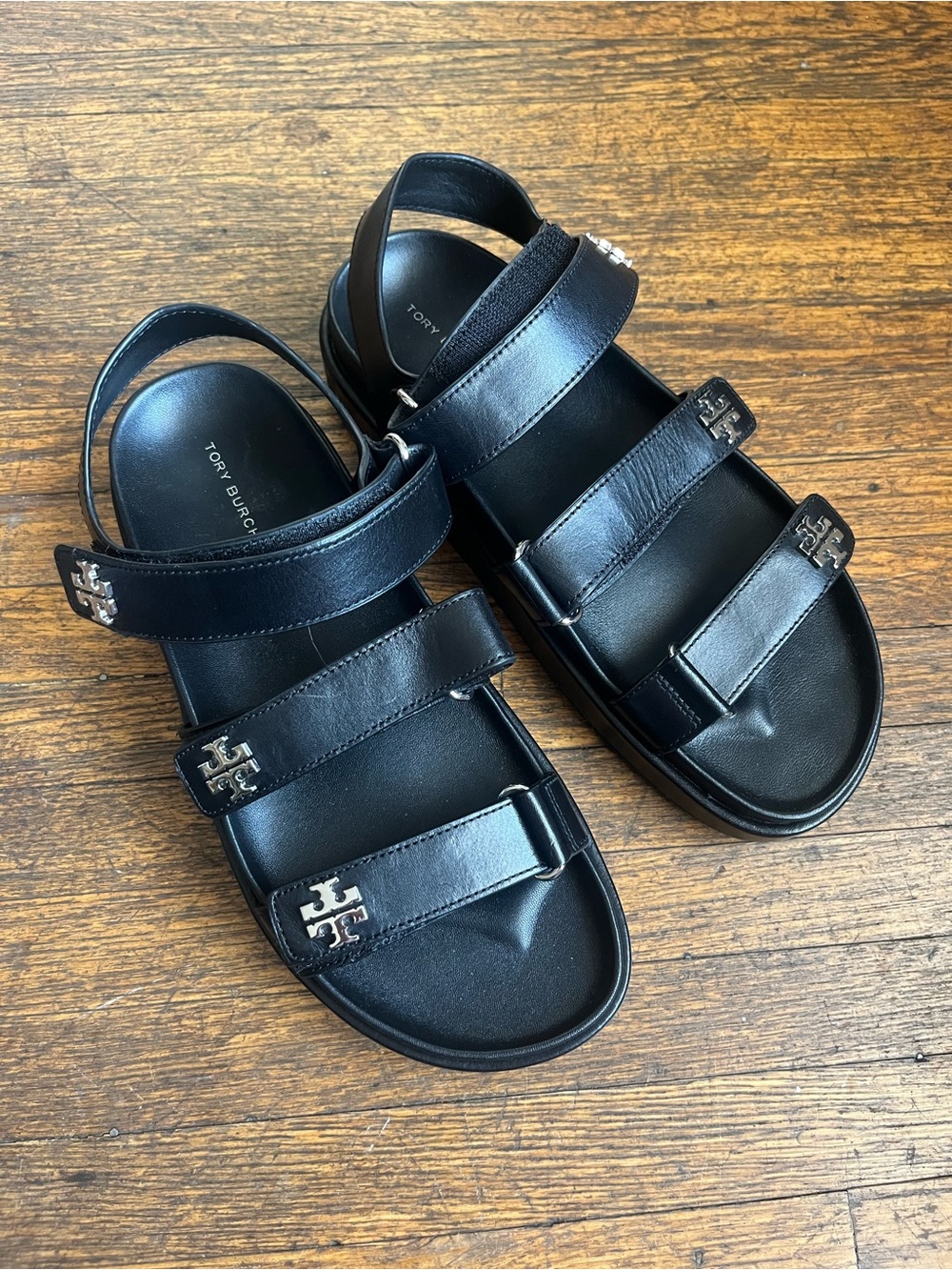 Tory Burch Black Leather Triple-Strap Platform Sandals with Logo Hardware - Picture 4 of 6